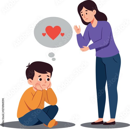 A concerned woman comforting a sad boy who is thinking about love in a flat vector illustration displaying emotional support and connection between them