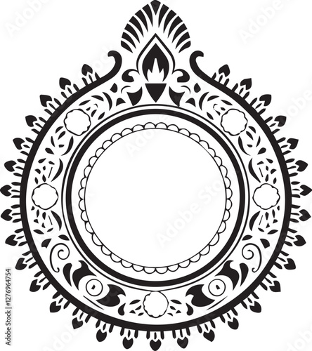 A unique thali frame in silhouette vector style, designed as a circular platter with an open center, surrounded by intricate decorative elements.