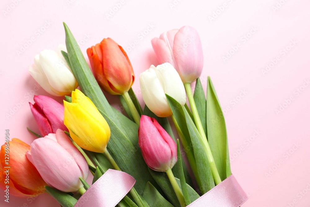 Obraz premium Beautiful fresh tulips on color background