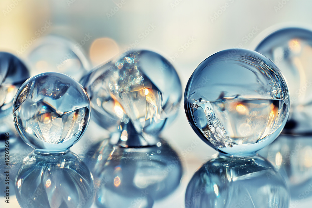 Close-up view of glass spheres reflecting light in a studio setting, capturing intricate details and reflections Close-up view of glass spheres reflecting light in a studio setting, capturing intricate details and reflections