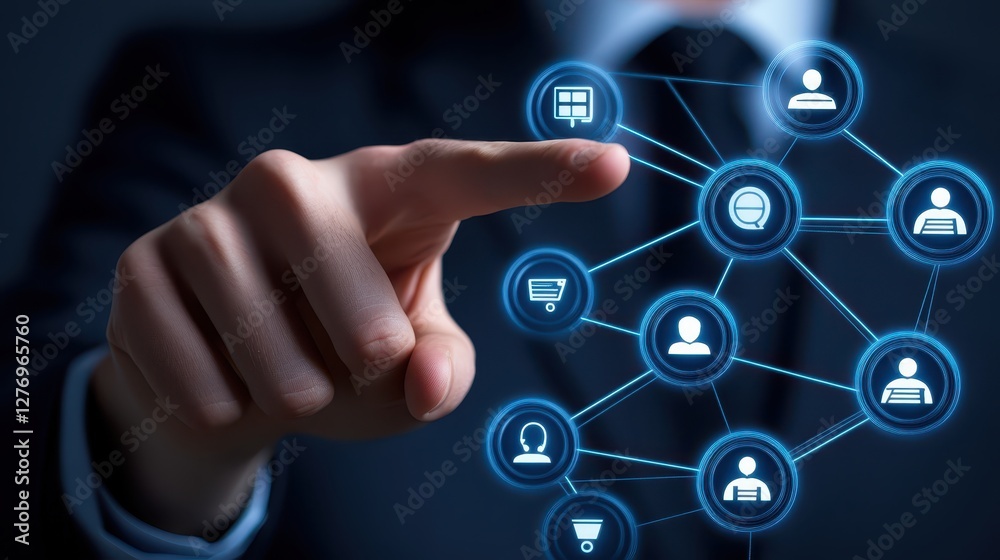 Businessman in suit points to interconnected network of social media icons symbolizing global communication Businessman in suit points to interconnected network of social media icons symbolizing global communication