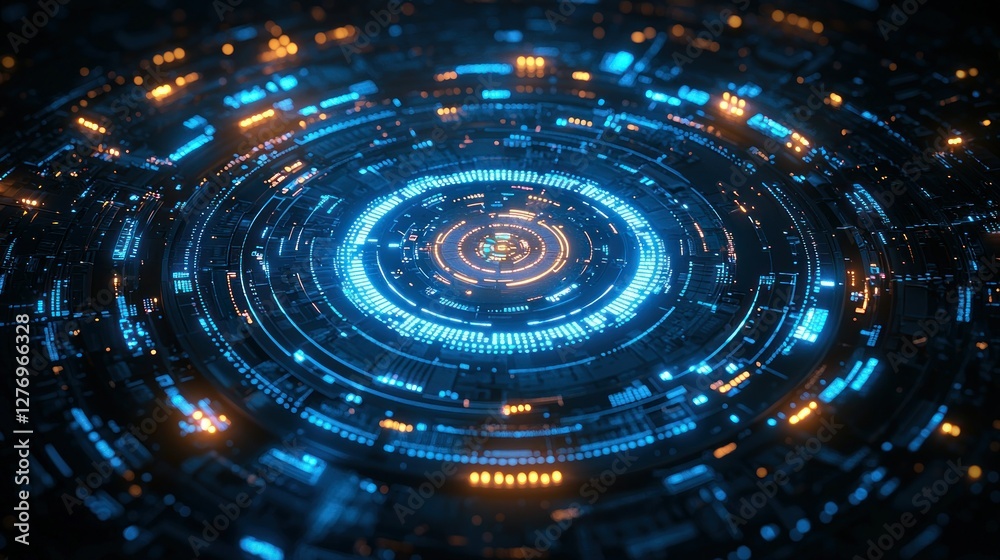 Fototapeta premium Futuristic circular technology interface glowing with blue and orange lights
