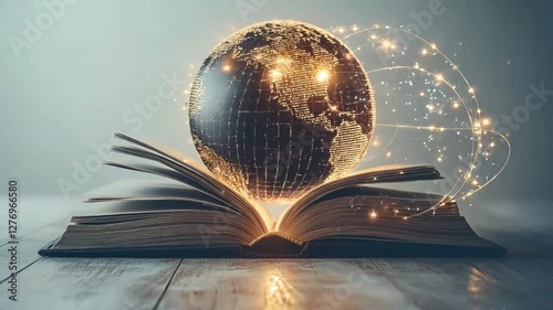 A glowing digital globe emerging from an open book, symbolizing universal access to education through technology. Representing global learning, innovation, and knowledge connectivity.