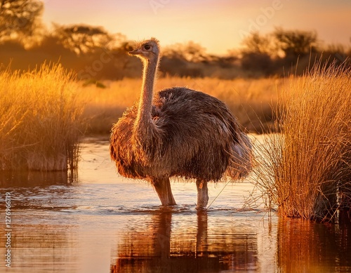 una vella avestruz, de pie en aguas poco profundas entre juncos y totoras, El fondo presenta un paisaje acuático con reflejos dorados de la luz del atardecer en el agua. photo