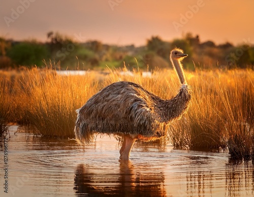 una vella avestruz, de pie en aguas poco profundas entre juncos y totoras, El fondo presenta un paisaje acuático con reflejos dorados de la luz del atardecer en el agua. photo