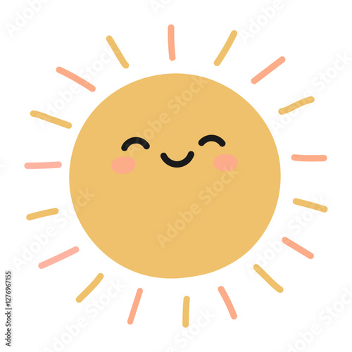 Cute sun cartoon character for kids isolated on white background. Smile. Boho baby elements. Flat style. Vector illustration.