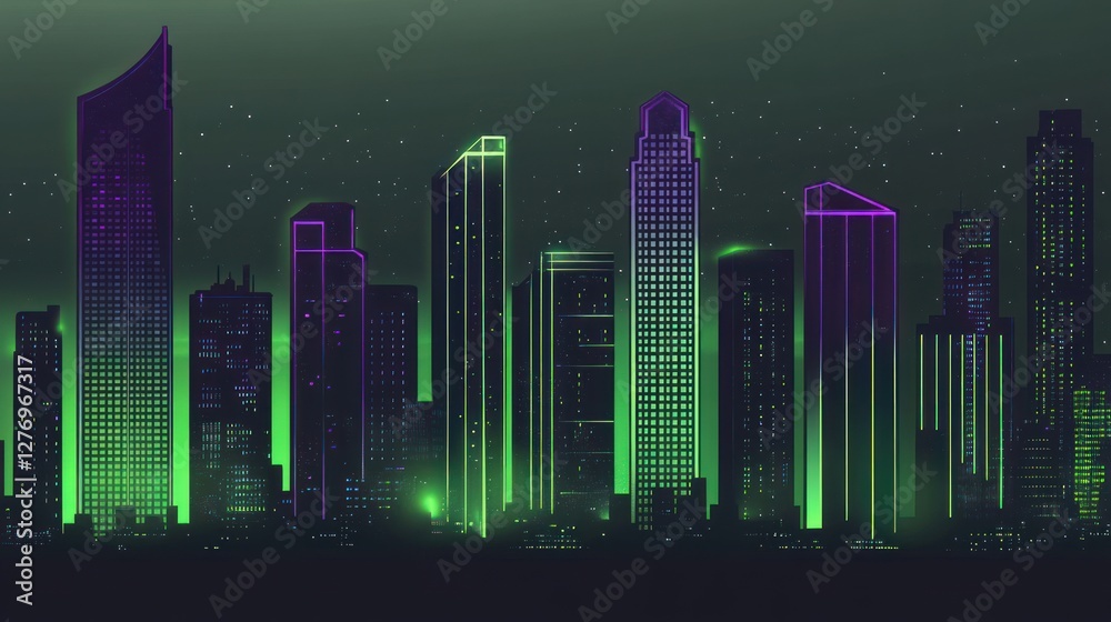 Obraz premium Futuristic city skyline with neon lights illuminating the night sky