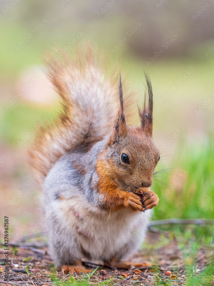 Squirrel eats a nut while sitting in green grass. Eurasian red squirrel, Sciurus vulgaris Squirrel eats a nut while sitting in green grass. Eurasian red squirrel, Sciurus vulgaris
