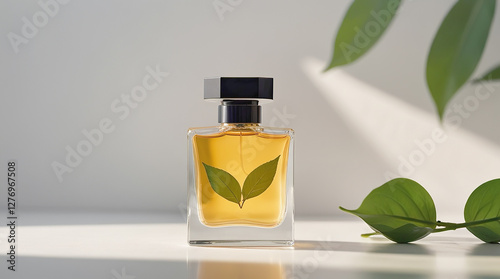 A minimalist backdrop for product display. A modern podium with a perfume bottle with foliage and shadows on the wall. An elegant design for the presentation of cosmetics and perfumes