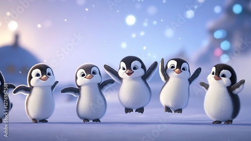 A group of penguins playing in the snow 