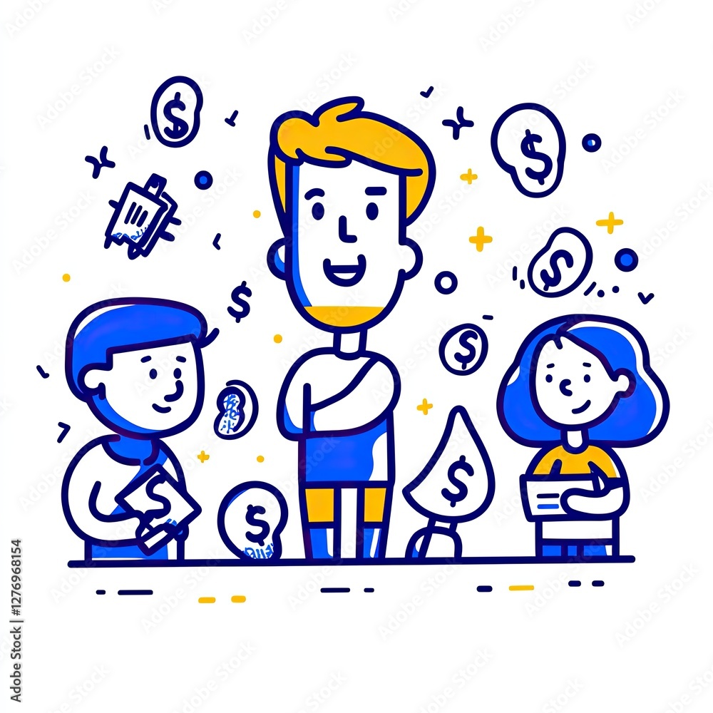 Group of people exchanging money; financial literacy illustration for an investment seminar Group of people exchanging money; financial literacy illustration for an investment seminar