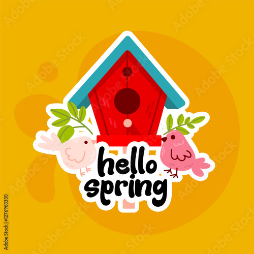 A bright red birdhouse with birds, flowers, and "Hello Spring" text. A cute and cheerful sticker for seasonal crafts and decor.