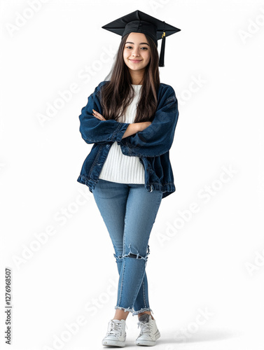 Full-Body Portrait of a Kazakh Asian Teenage Girl in Graduation Gown and Cap, Isolated PNG
