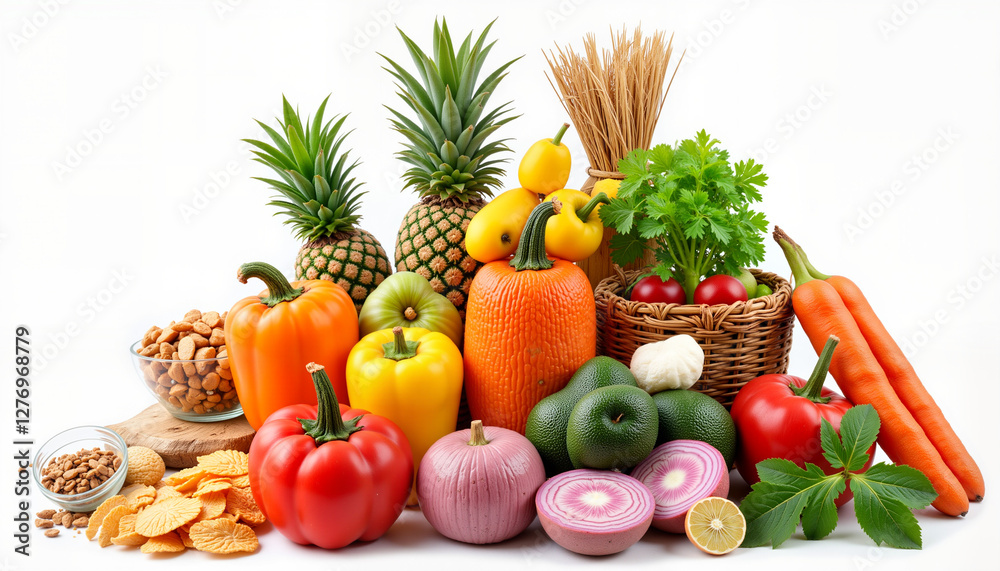Colorful arrangement of fresh fruits and vegetables, healthy lifestyle Colorful arrangement of fresh fruits and vegetables, healthy lifestyle