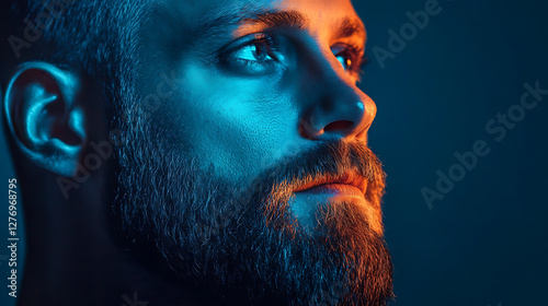 Beard man face in dramatic, moody lighting setup.