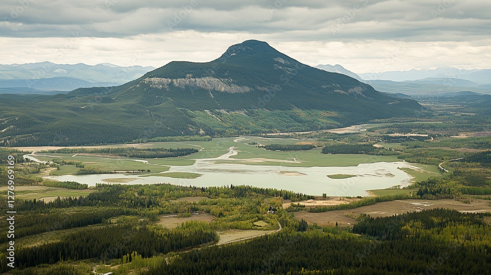 Fototapeta premium Mountain Peak Overlook of Valley Lake and Farmlands
