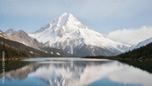 Scenic view of lake and snowcapped mountains against sky. Snowy mountains reflecting on a lake. ice mountains , snow, lake. 