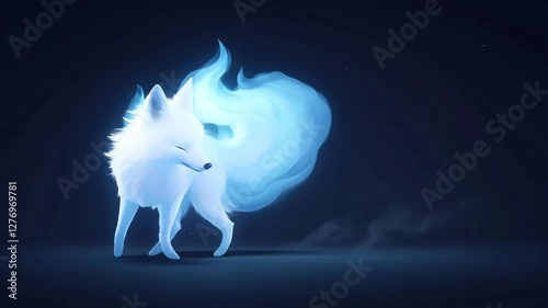 A mystical silver fox surrounded by soft blue and white foxfires, walking gracefully through night and turning around. The scene feels magical and serene photo