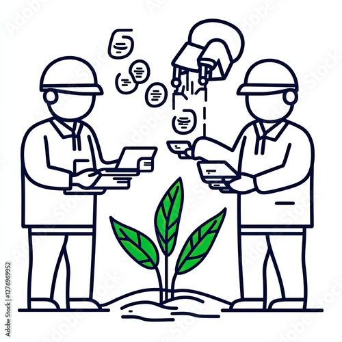 Investment in green growth. Future income generation. Two men help a plant. Funding with money