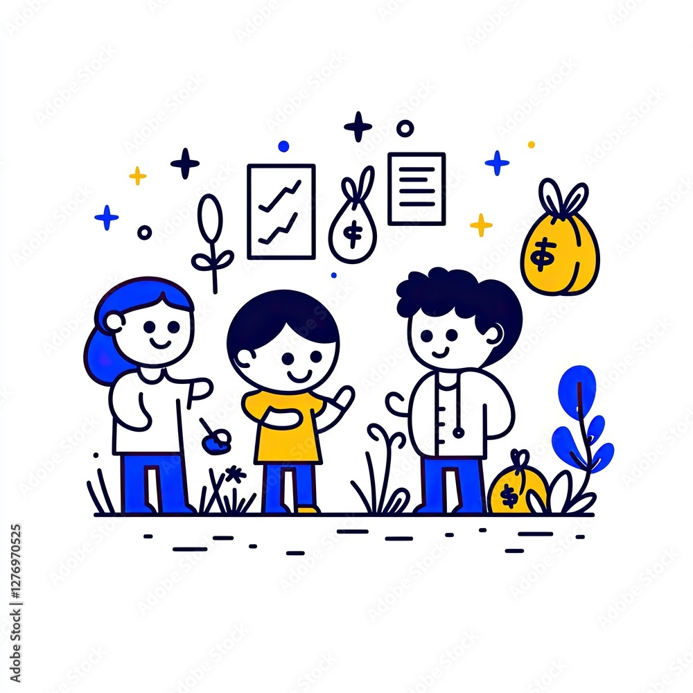 Kids trade. Friends share cash. Grass grows. Stars sparkle. For finance websites, education Kids trade. Friends share cash. Grass grows. Stars sparkle. For finance websites, education
