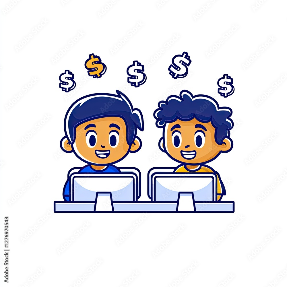 Kids working at computers with money symbols above their heads, dreaming about success Kids working at computers with money symbols above their heads, dreaming about success
