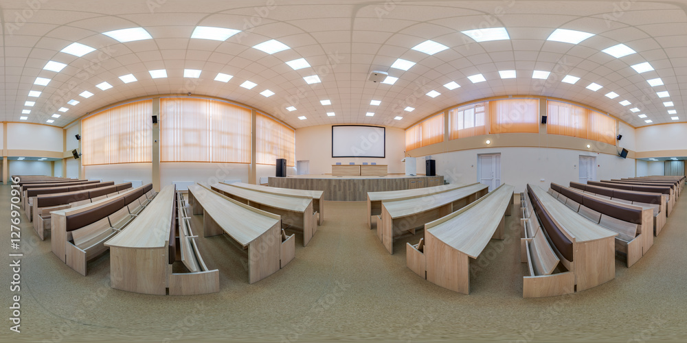 Obraz premium full seamless spherical 360 hdri panorama view in modern empty conference and in a huge lecture hall for students in equirectangular projection, AR VR content