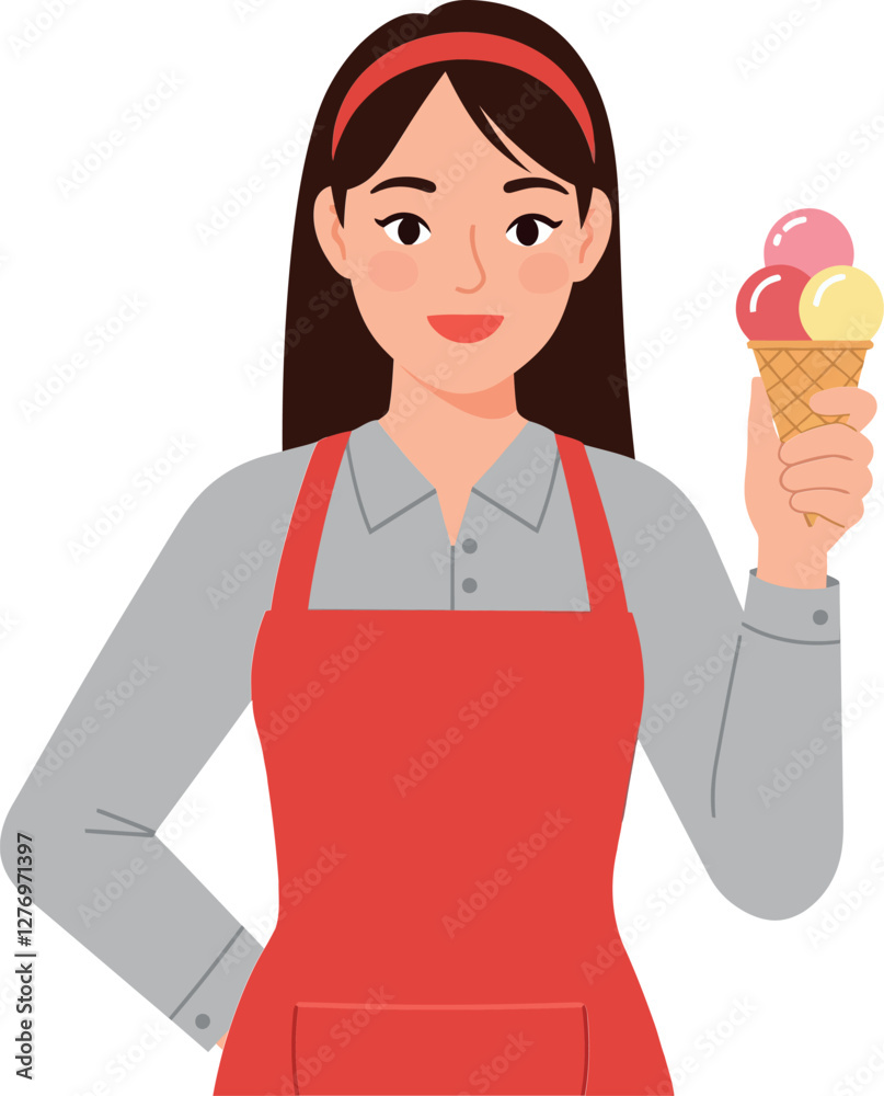 A cheerful woman wearing a red apron holding a colorful ice cream cone in a flat vector illustration style, showcasing a joyful mood and friendly atmosphere in a dessert setting vector art A cheerful woman wearing a red apron holding a colorful ice cream cone in a flat vector illustration style, showcasing a joyful mood and friendly atmosphere in a dessert setting vector art