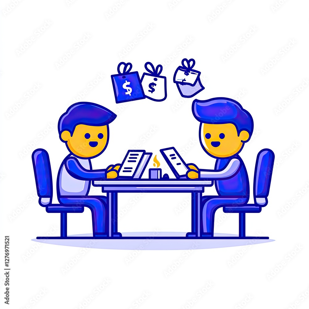 Men negotiate deal. Gifts float behind them. Contract terms. Agreement. Possible business use Men negotiate deal. Gifts float behind them. Contract terms. Agreement. Possible business use