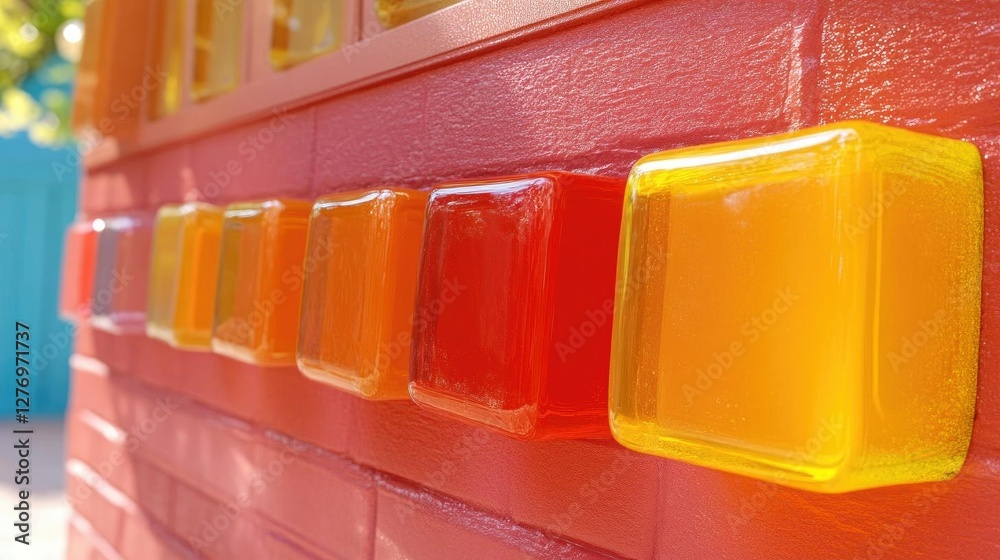 Vibrant Glass Blocks on Brick Wall Decor Vibrant Glass Blocks on Brick Wall Decor
