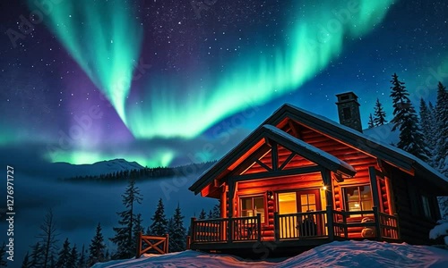 Aurora In The Spectrum Of Green Purple And Red, Illuminating A Backcountry Ski Cabin In The Mighty Snow-covered Rocky Mountains. 4k
