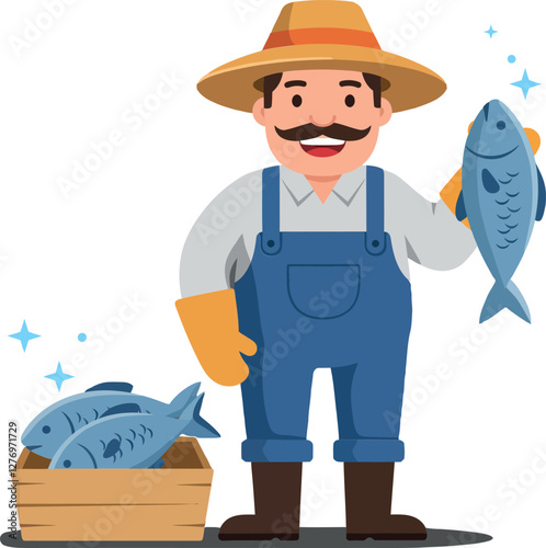 A cheerful fisherman holding a freshly caught fish in one hand, with a wooden crate of fish beside him in flat vector art