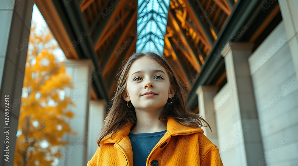 Young woman, bright yellow raincoat, blue sky, autumn leaves, urban setting, low angle shot, vibrant colors, freckles, confident gaze, architectural detail, shallow depth of field, cinematic lighting, Young woman, bright yellow raincoat, blue sky, autumn leaves, urban setting, low angle shot, vibrant colors, freckles, confident gaze, architectural detail, shallow depth of field, cinematic lighting,