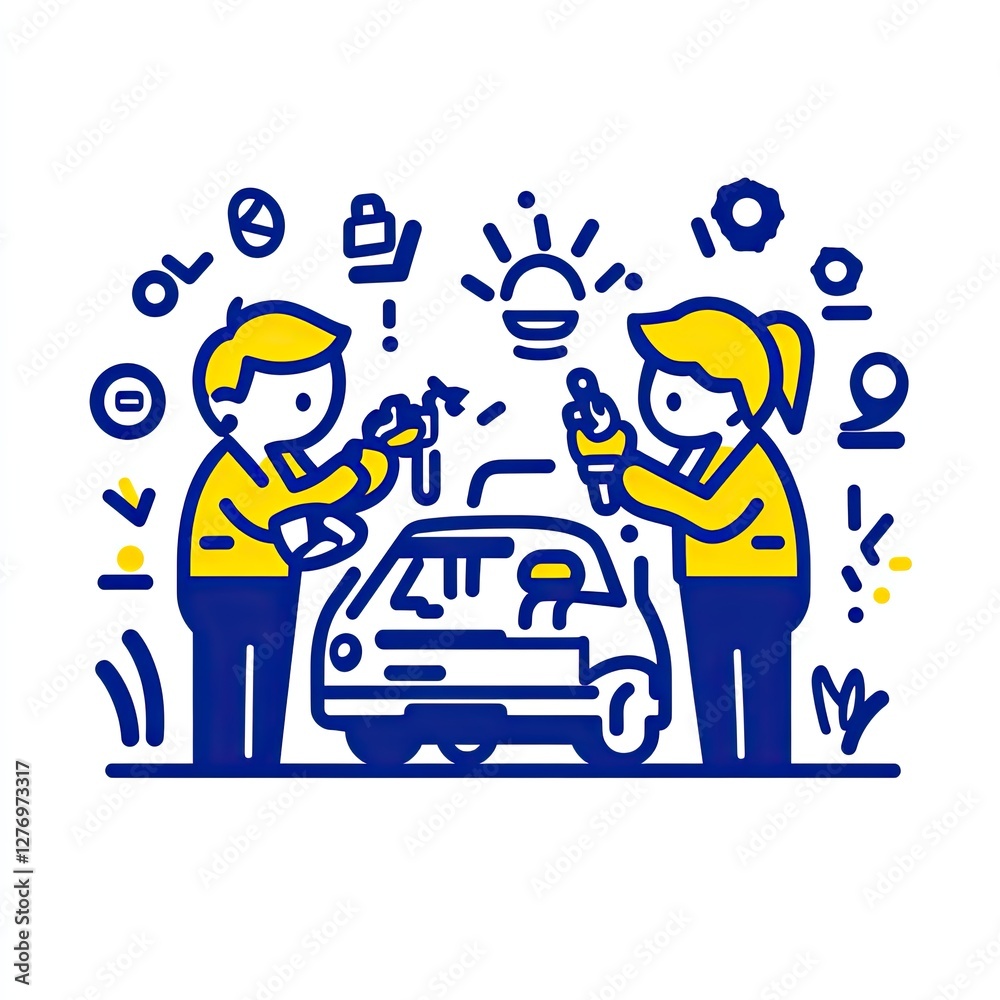 Repairing a car with ideas and tools, outdoors, representing automotive solutions or service options Repairing a car with ideas and tools, outdoors, representing automotive solutions or service options