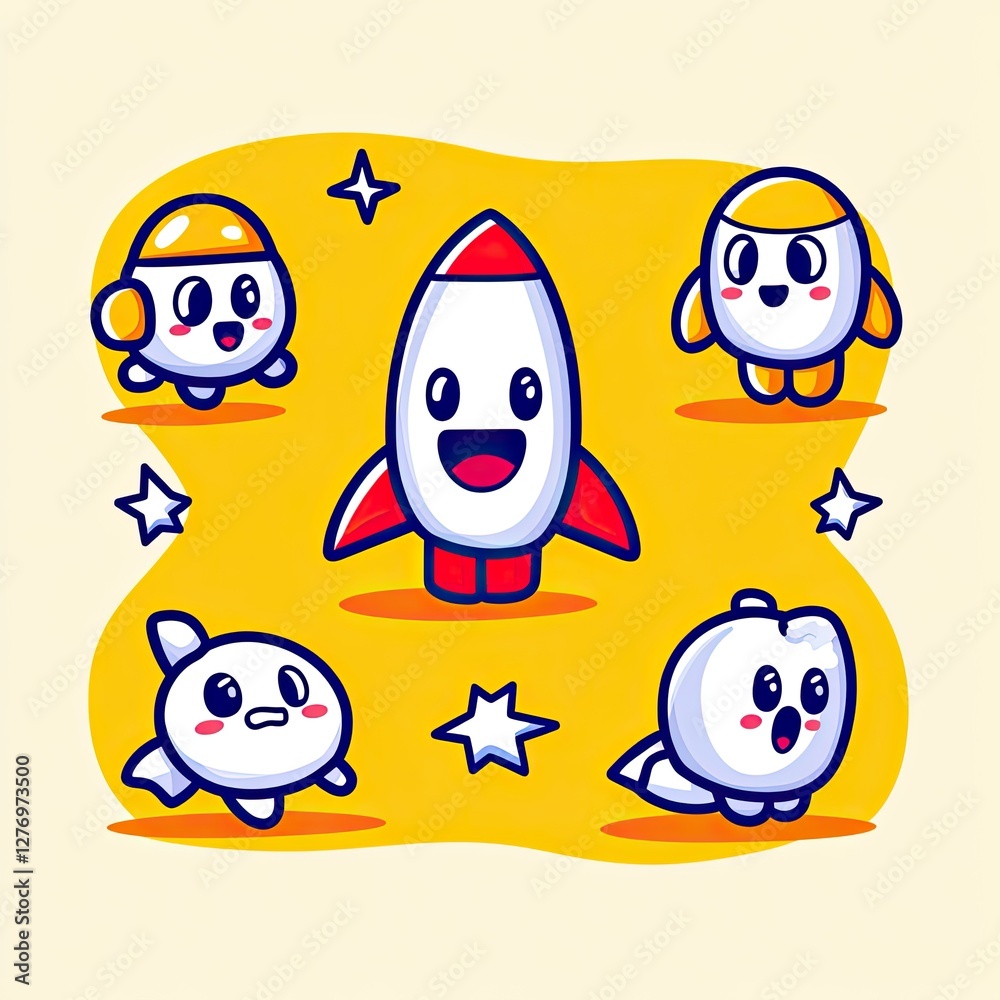 Rocket ship cartoon flying with cute aliens and stars on yellow background for kids book illustration Rocket ship cartoon flying with cute aliens and stars on yellow background for kids book illustration