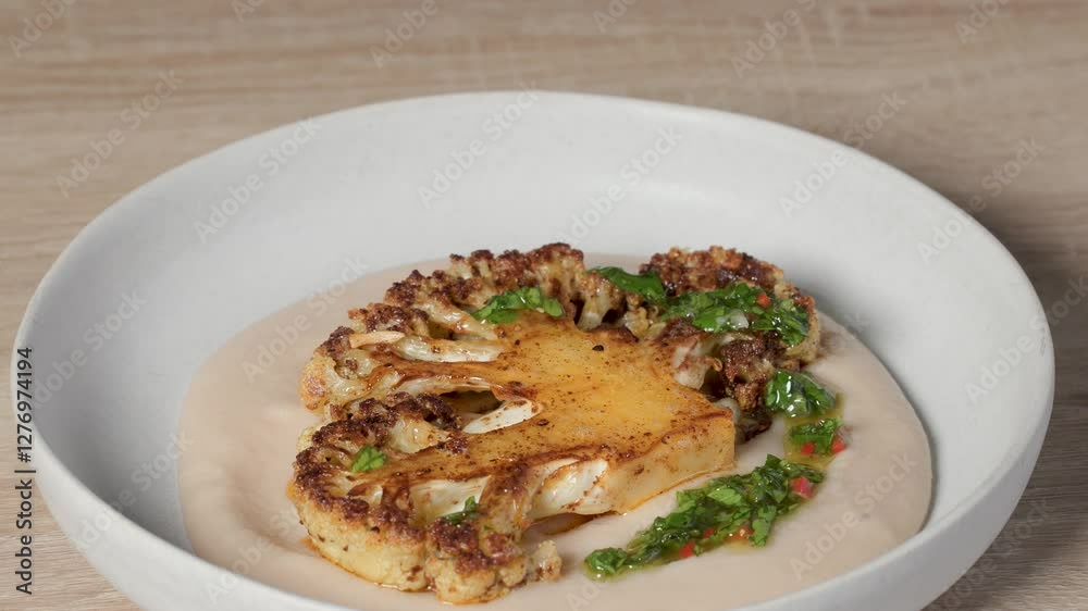 Chef pour spicy parsley sauce on fried cauliflower pieces on beans puree on plate on kitchen table for making healthy vegan meal. food closeup Chef pour spicy parsley sauce on fried cauliflower pieces on beans puree on plate on kitchen table for making healthy vegan meal. food closeup
