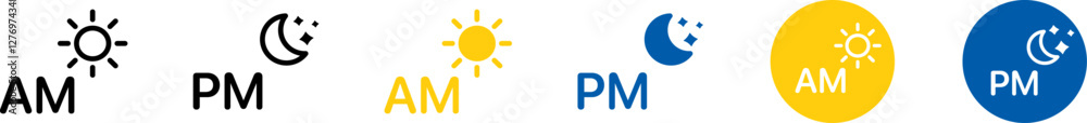AM PM time icon set. Clock sun and moon symbols, time icons vector collection