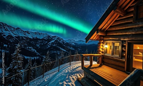 Aurora In The Spectrum Of Green Purple And Red, Illuminating A Backcountry Ski Cabin In The Mighty Snow-covered Rocky Mountains. 4k