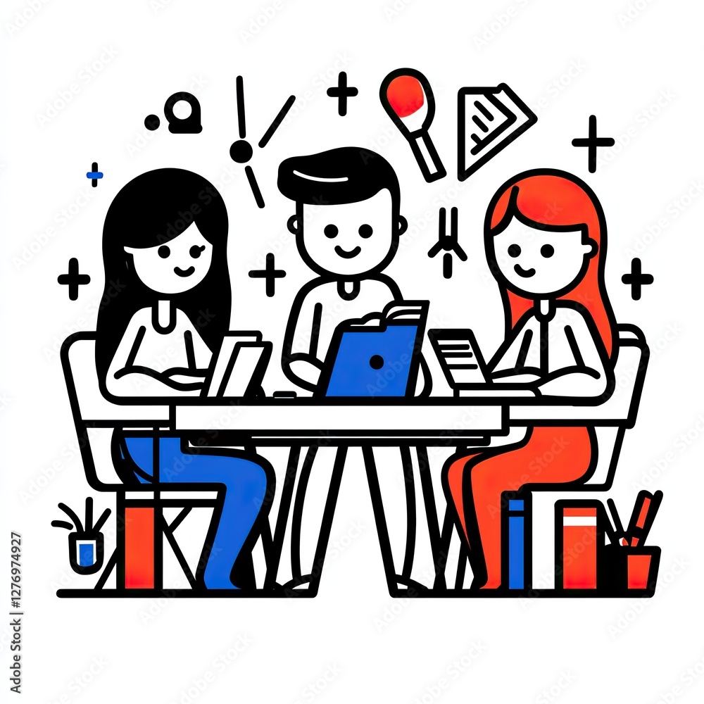 Team brainstorms idea at desk with laptops, books & tools. Meeting for creative project design Team brainstorms idea at desk with laptops, books & tools. Meeting for creative project design