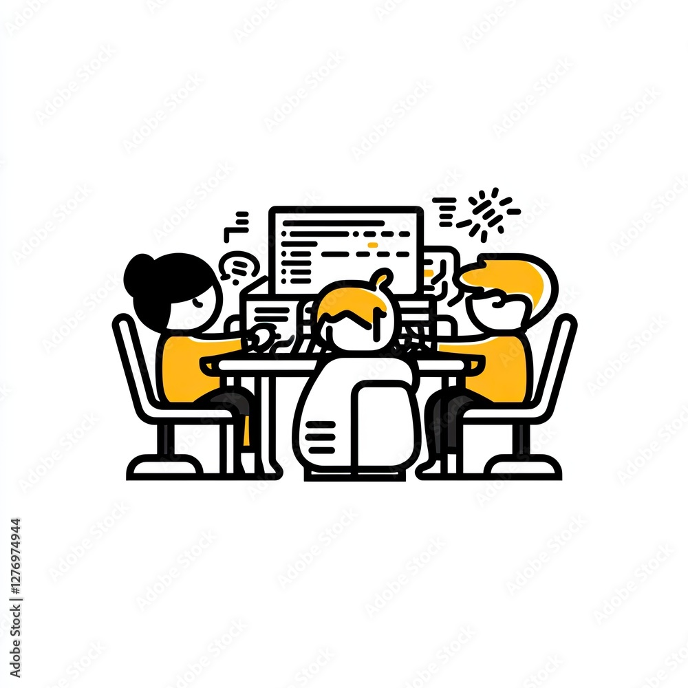 Team coding together with computers at a desk, in a modern office for software development projects Team coding together with computers at a desk, in a modern office for software development projects