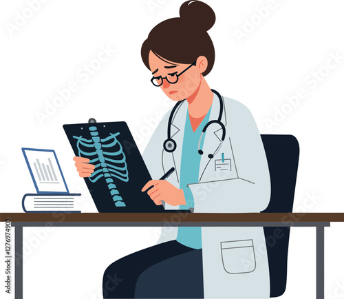 A doctor in a white coat examining an X-ray on a clipboard while seated at a desk in a modern office vector illustration