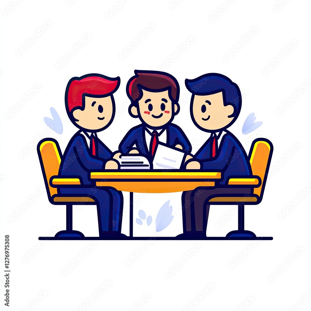 Team meeting cartoon illustration of three characters in suits at table discussing documents Team meeting cartoon illustration of three characters in suits at table discussing documents