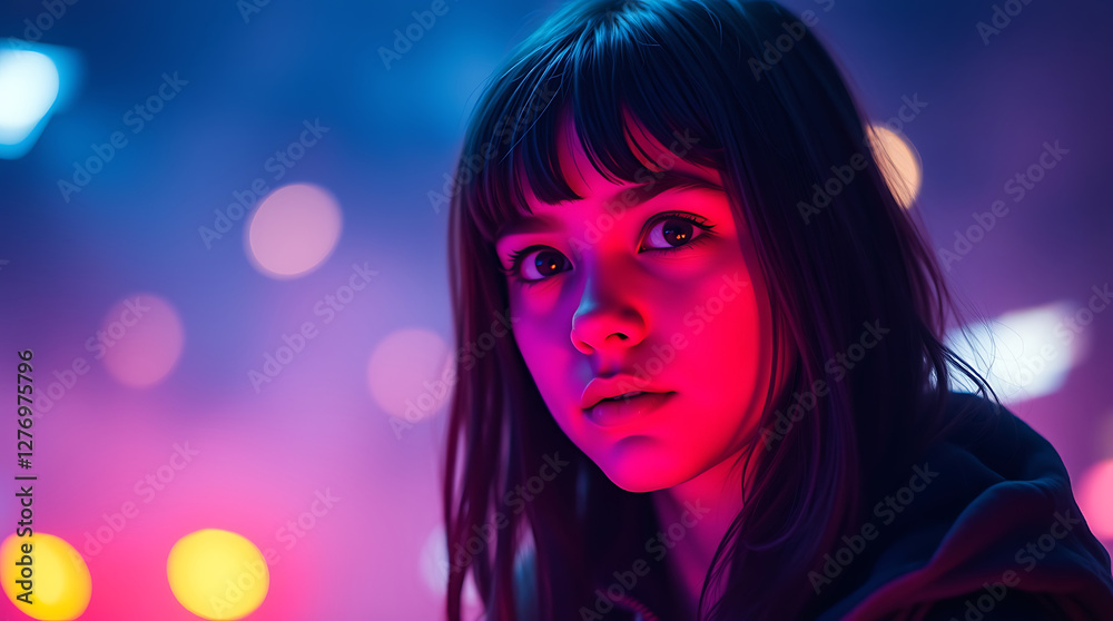 Cyberpunk portrait, young woman with bangs, neon lighting, red and blue glow, bokeh background, intense gaze, night scene, futuristic atmosphere, cinematic lighting, high contrast, vibrant colors, clo Cyberpunk portrait, young woman with bangs, neon lighting, red and blue glow, bokeh background, intense gaze, night scene, futuristic atmosphere, cinematic lighting, high contrast, vibrant colors, clo