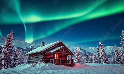 Aurora In The Spectrum Of Green Purple And Red, Illuminating A Backcountry Ski Cabin In The Mighty Snow-covered Rocky Mountains. 4k