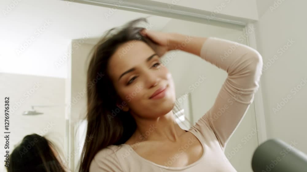 Brunette woman in a bathrobe dries her beautiful hair with a hairdryer in slow motion Brunette woman in a bathrobe dries her beautiful hair with a hairdryer in slow motion