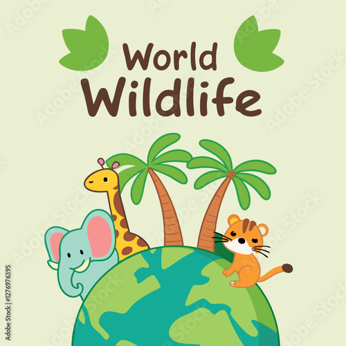 Flat world wildlife illustration with flora and fauna
