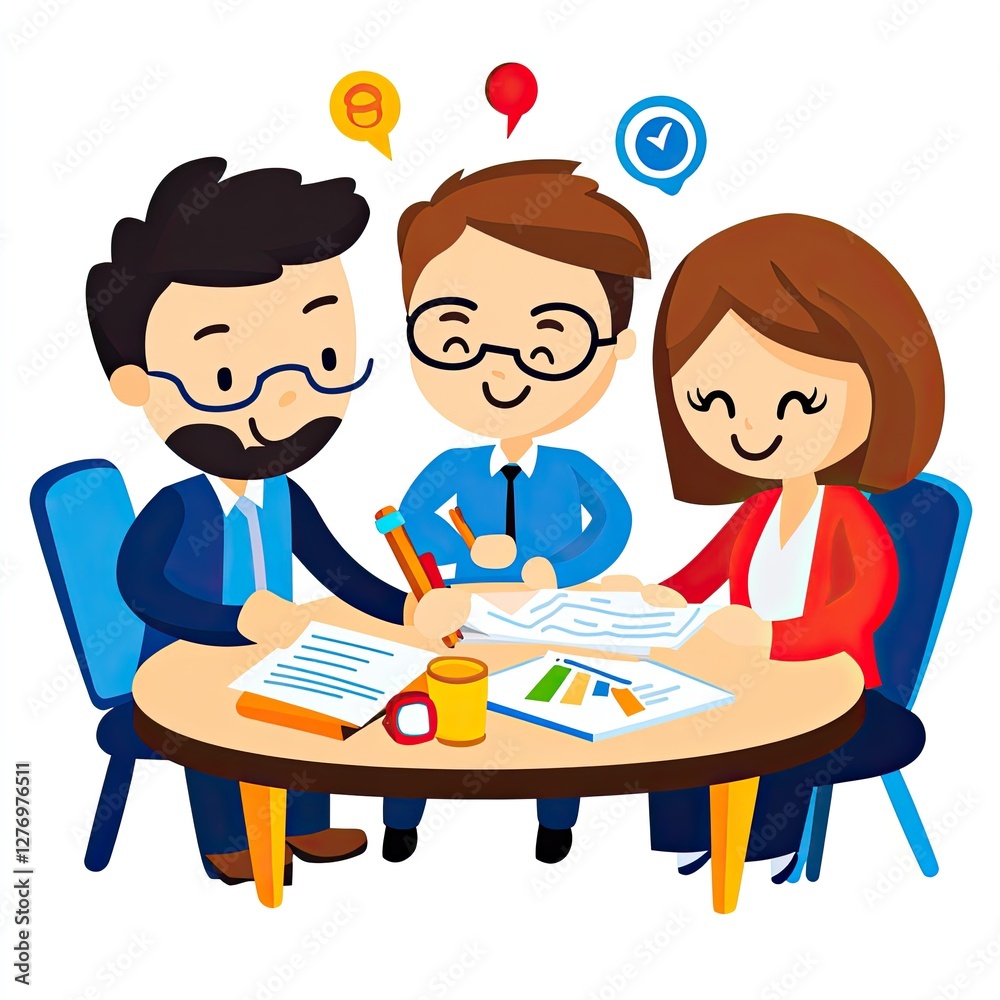 Three cartoon people are having a work meeting together to discuss finance data at a desk Three cartoon people are having a work meeting together to discuss finance data at a desk