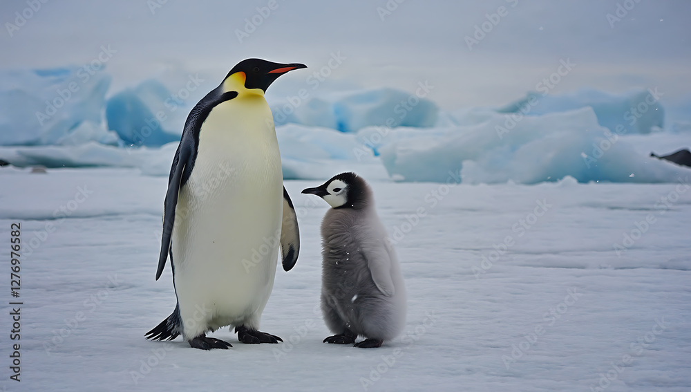 Fototapeta premium Emperor penguin with chick on ice floe