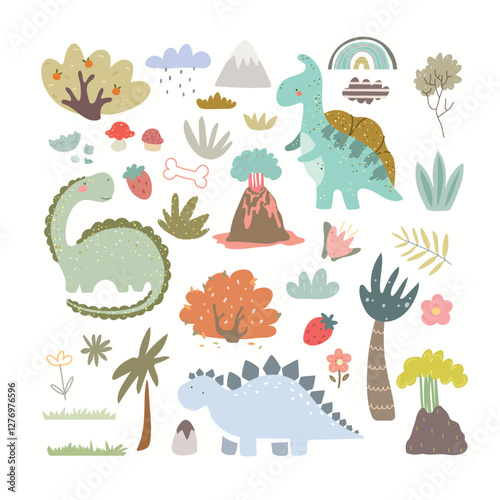 Set with cute dino, plants, fruits, volcano, rainbows. Hand drawn animals.