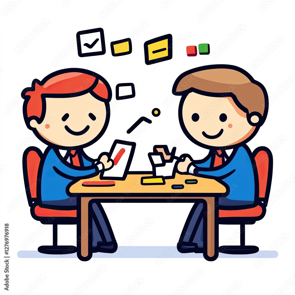 Two cartoon people collaborating on a business plan at a desk with colorful indicators Two cartoon people collaborating on a business plan at a desk with colorful indicators