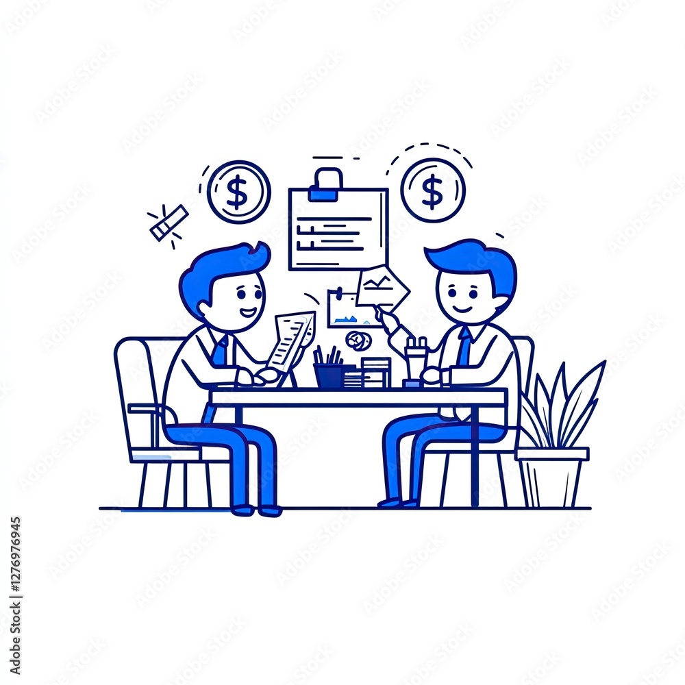 Two colleagues collaborate on finance at office Two colleagues collaborate on finance at office